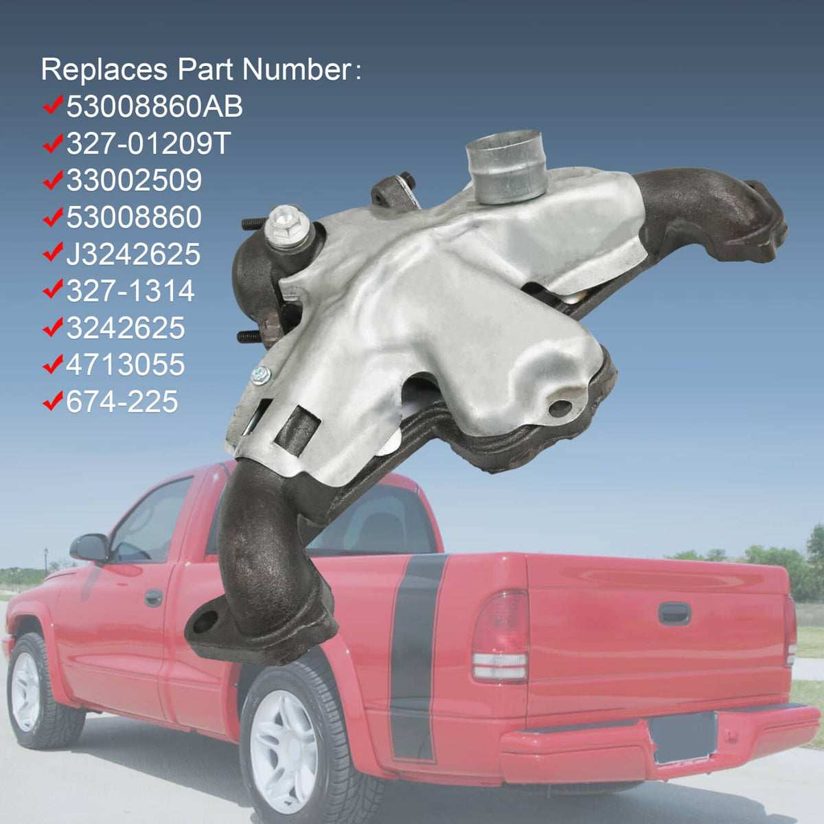 Exhaust manifold with gasket kit, silver heat shield with black cast iron outlet sections