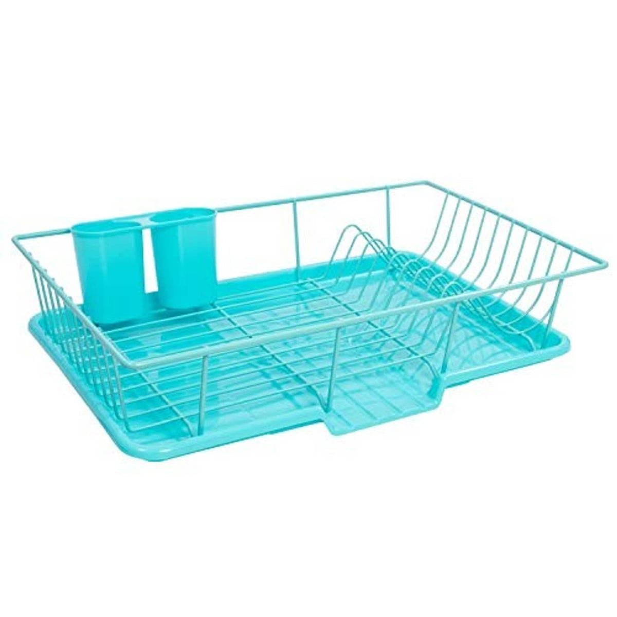 Turquoise dish rack drainer with drying board and wire drying rack, empty