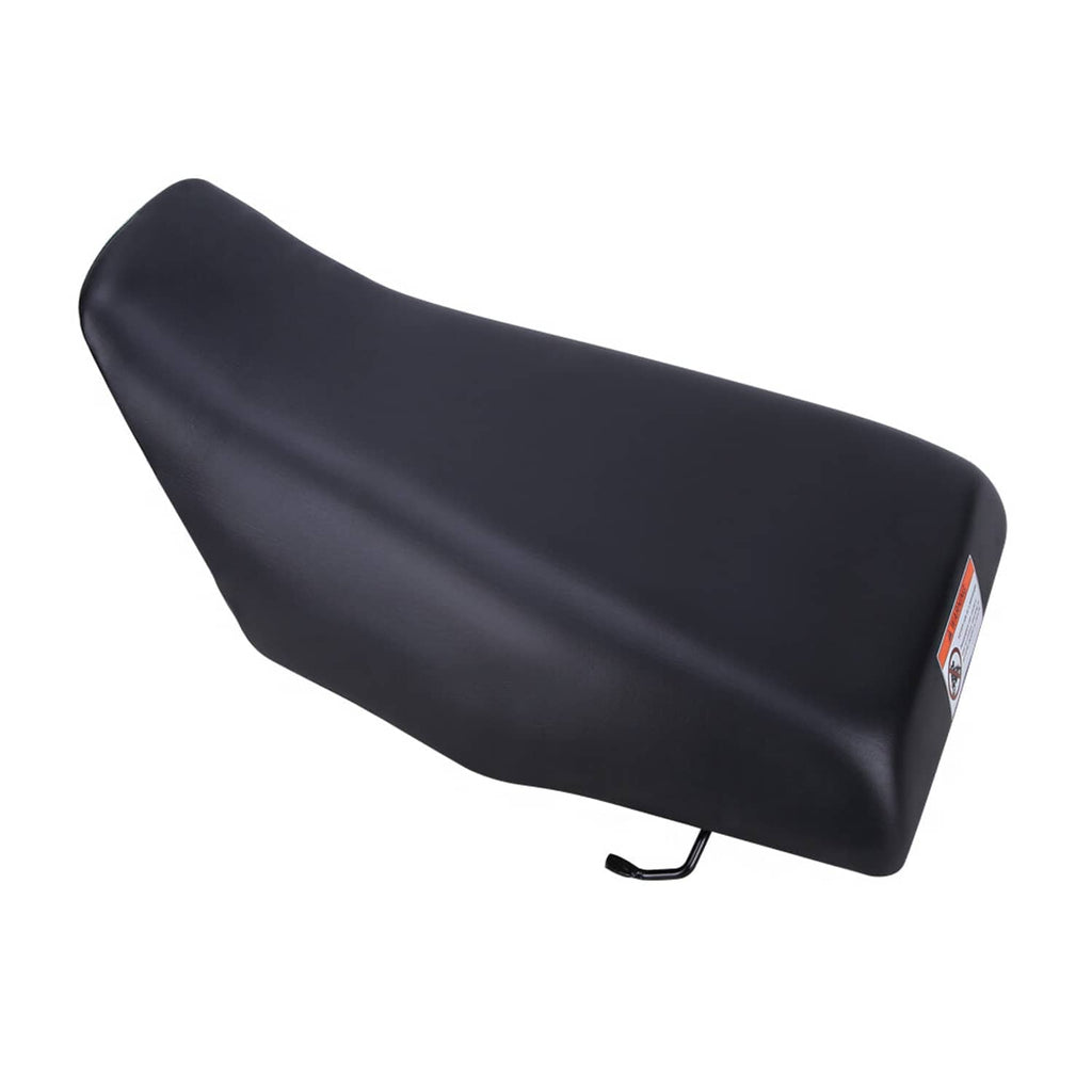 Black ATV rear seat cover with warning label on the right side