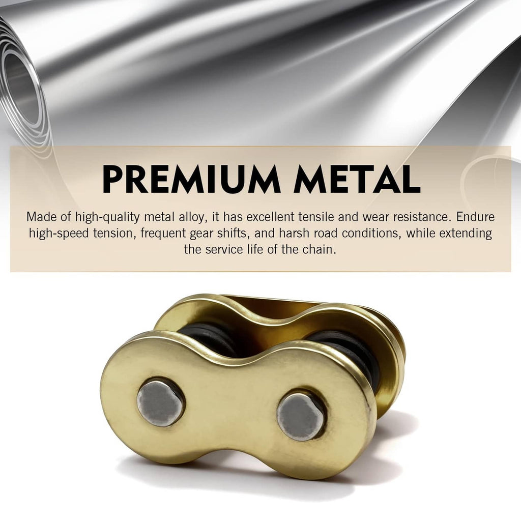 Gold 428 chain master link with two gray pin bolts and black bushings