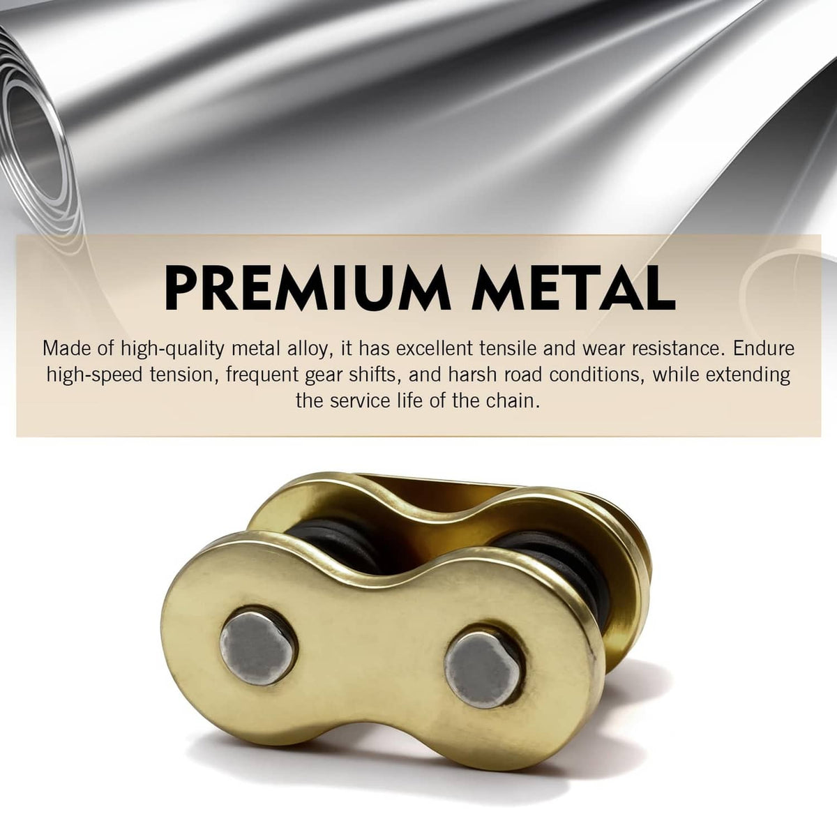 Gold 428 chain master link with two gray pin bolts and black bushings