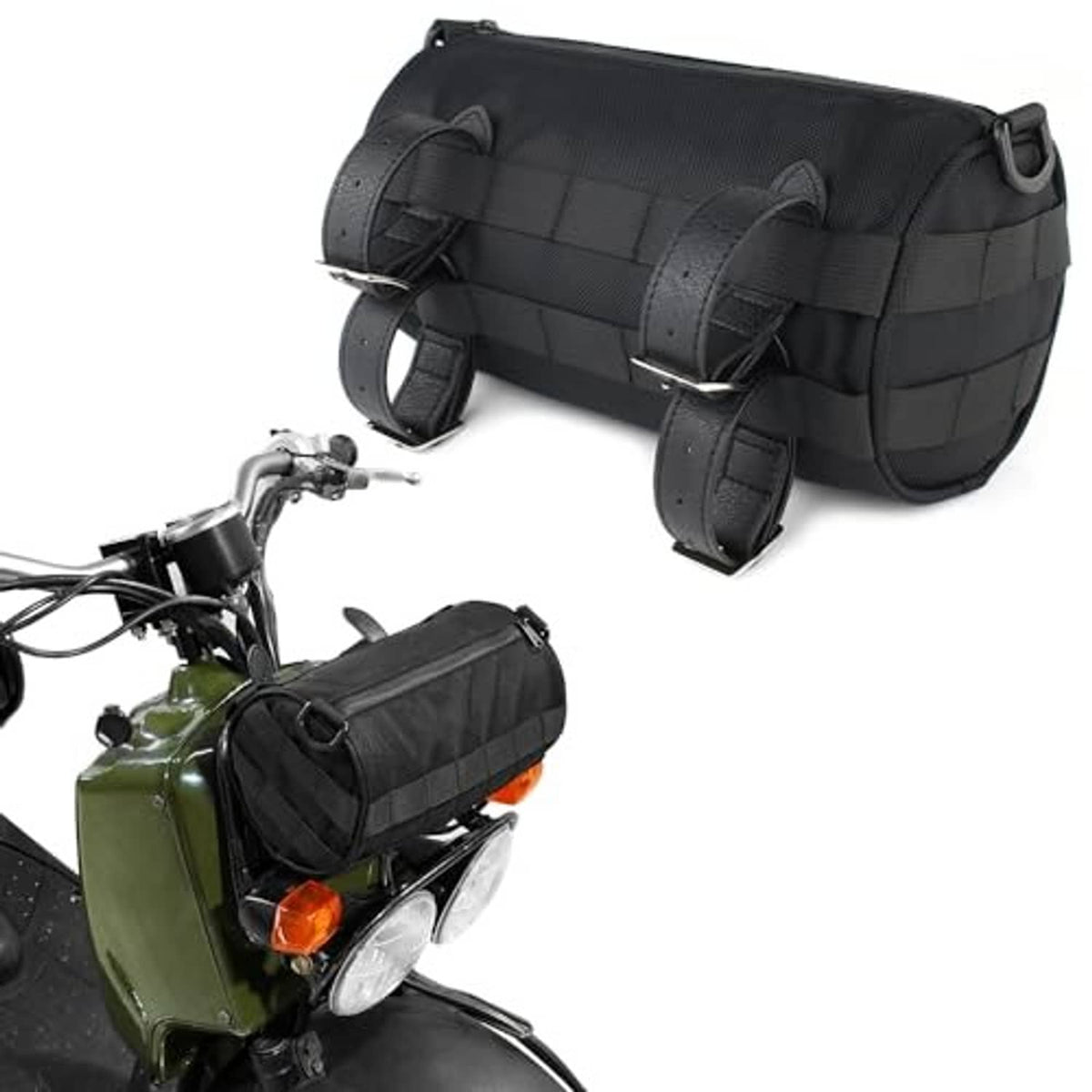 Black motorcycle front fork handlebar bag with reinforced webbing panels and buckles