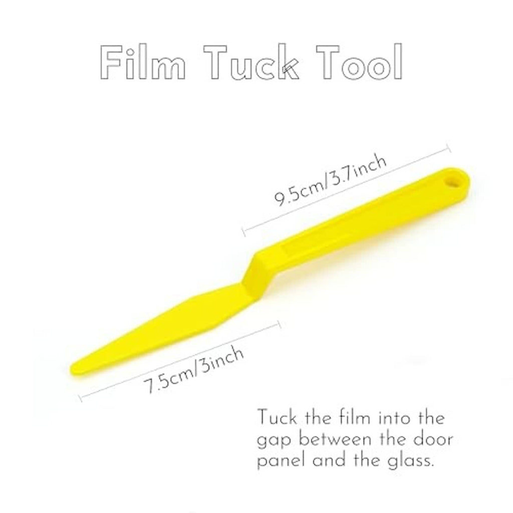 Yellow film tuck tool for inserting tint film into the gap between door panel and glass.