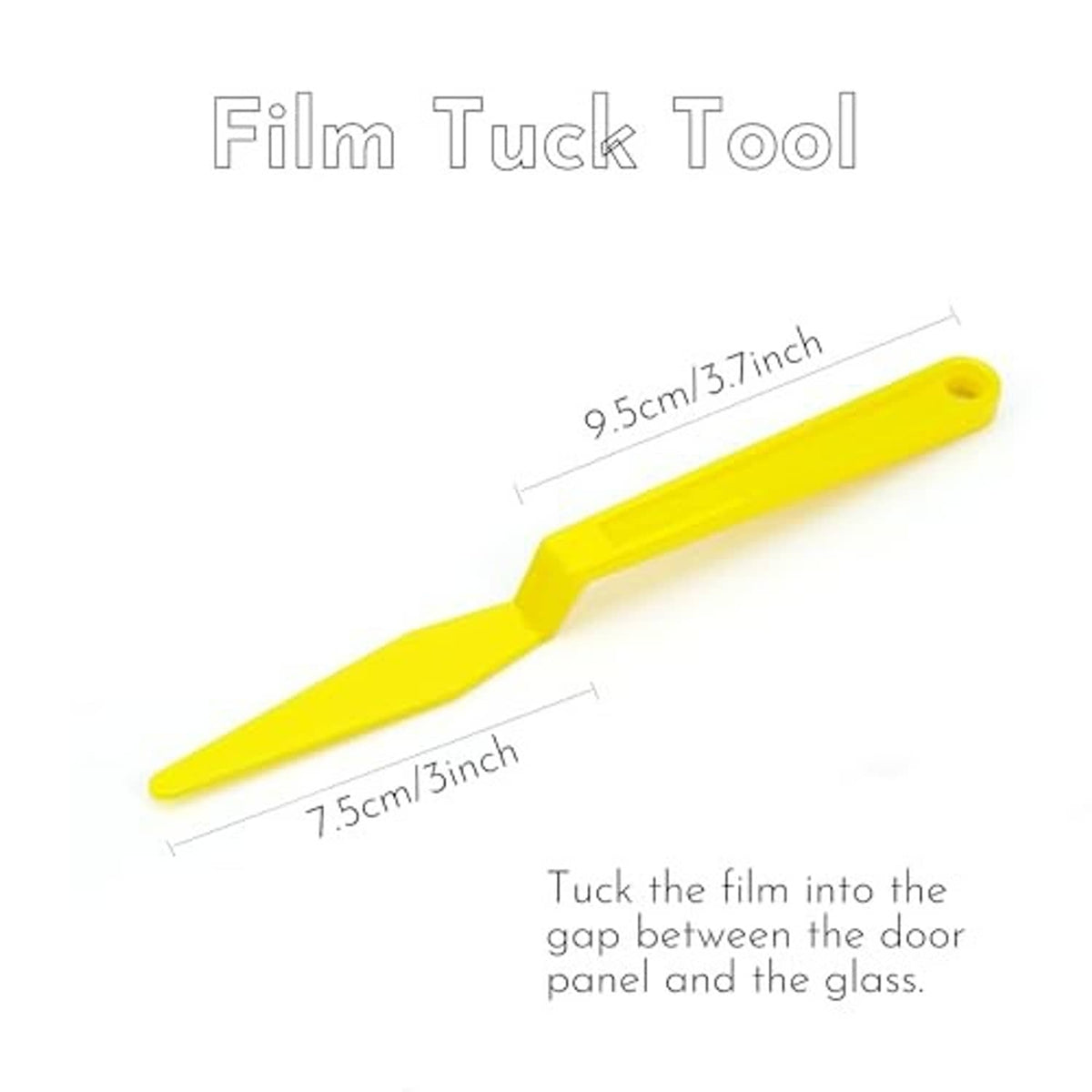 Yellow film tuck tool for inserting tint film into the gap between door panel and glass.