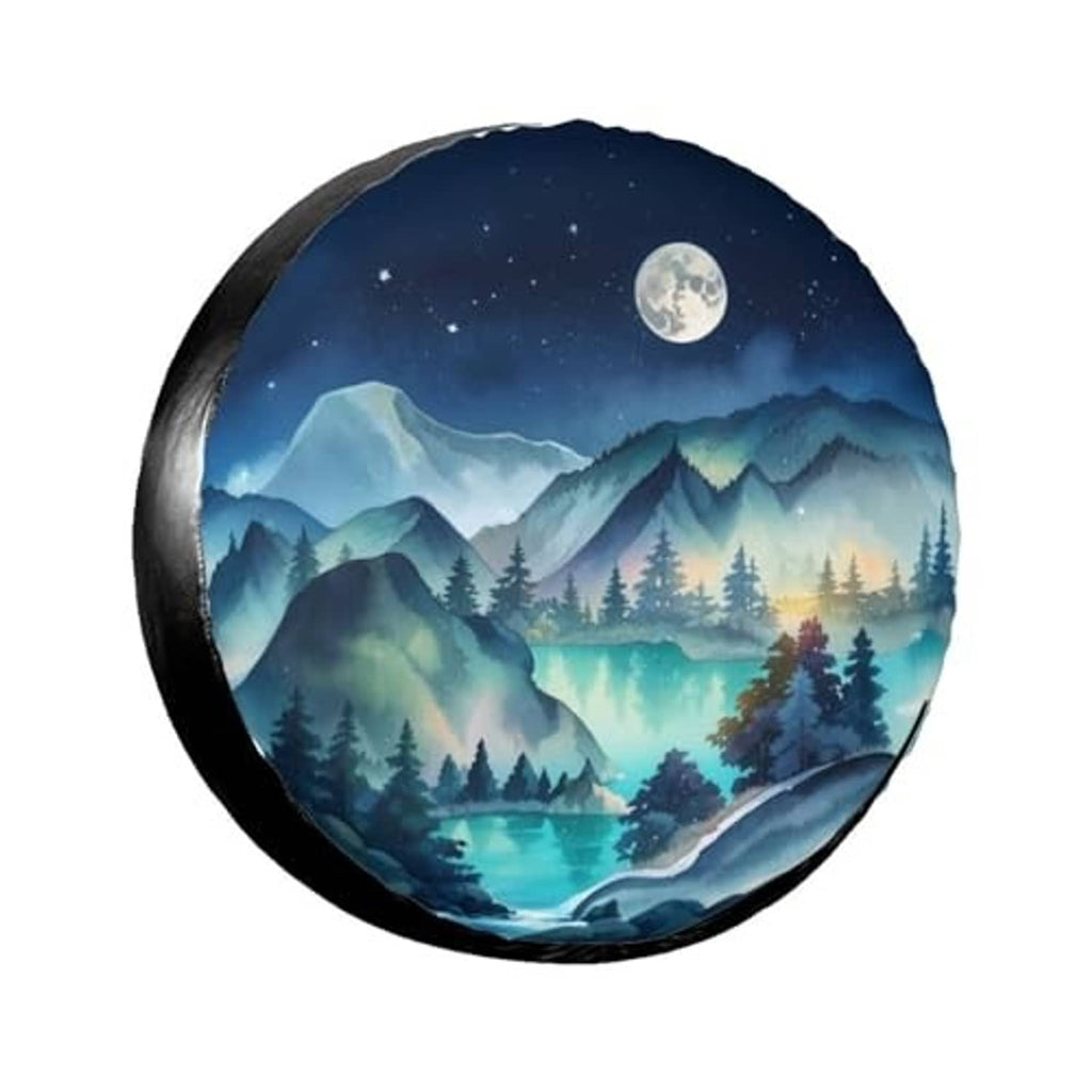 Round spare tire cover featuring a blue mountain lake at night with moon and stars