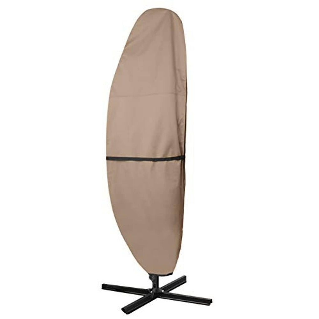 Brown patio umbrella cover with black tie band and cross base stand