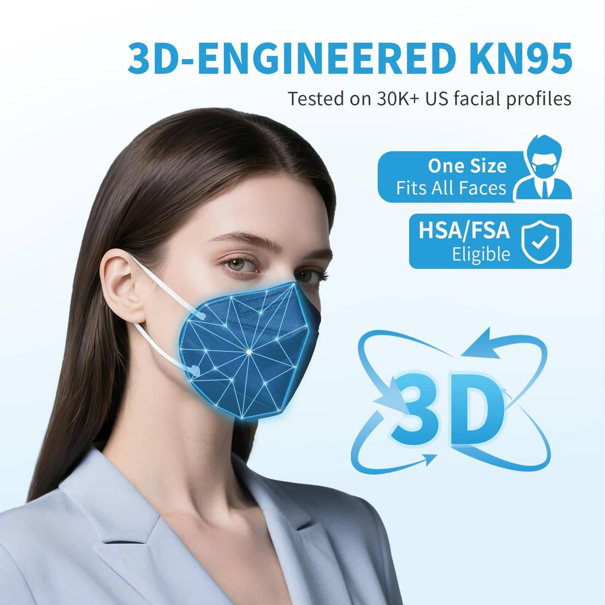 Navy 3D-engineered KN95 face mask on person with ear loops