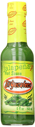 Mild jalapeno hot sauce bottle with El Yucateco front label, 5 fl oz