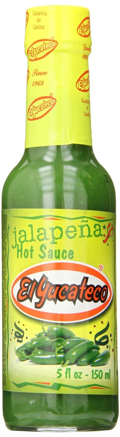 Mild jalapeno hot sauce bottle with El Yucateco front label, 5 fl oz