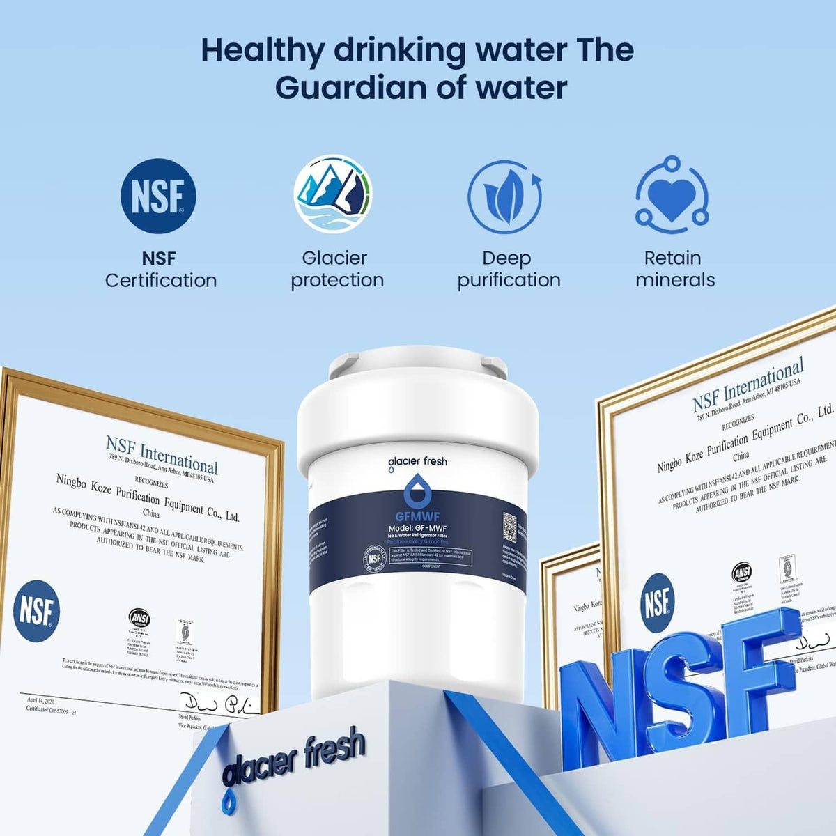 White refrigerator water filter cartridge with certification icons above
