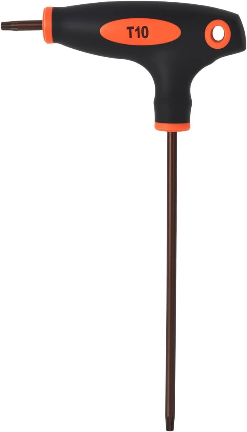 T10 Torx T-handle anti-tamper screwdriver, black handle with orange accents, long shaft