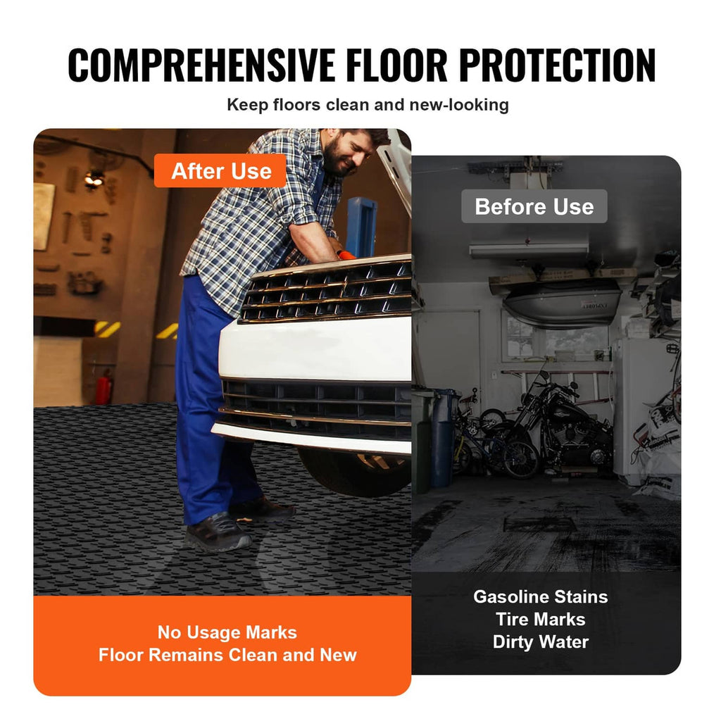 Black interlocking garage floor tiles with diamond tread surface for floor protection
