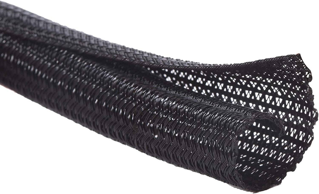 Black braided split cable sleeve, close-up view