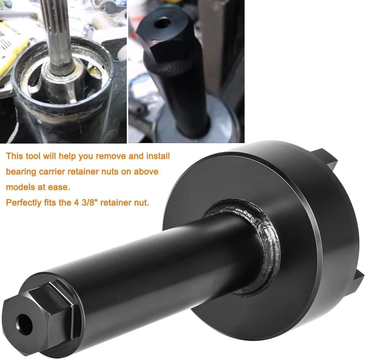 Black bearing carrier retainer wrench with hex drive end and wide flanged round head