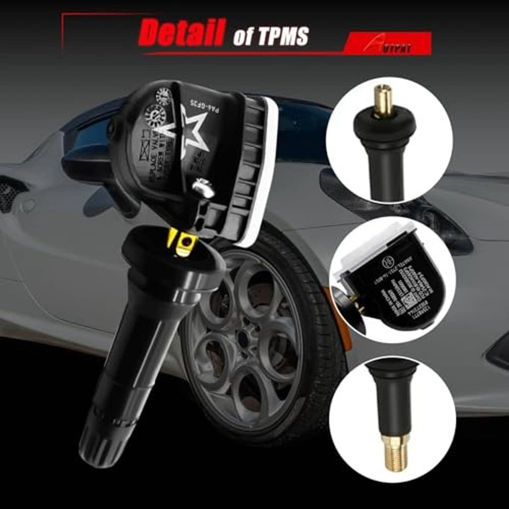 TPMS sensor detail view with valve stem and label, plus inset close-ups of ends