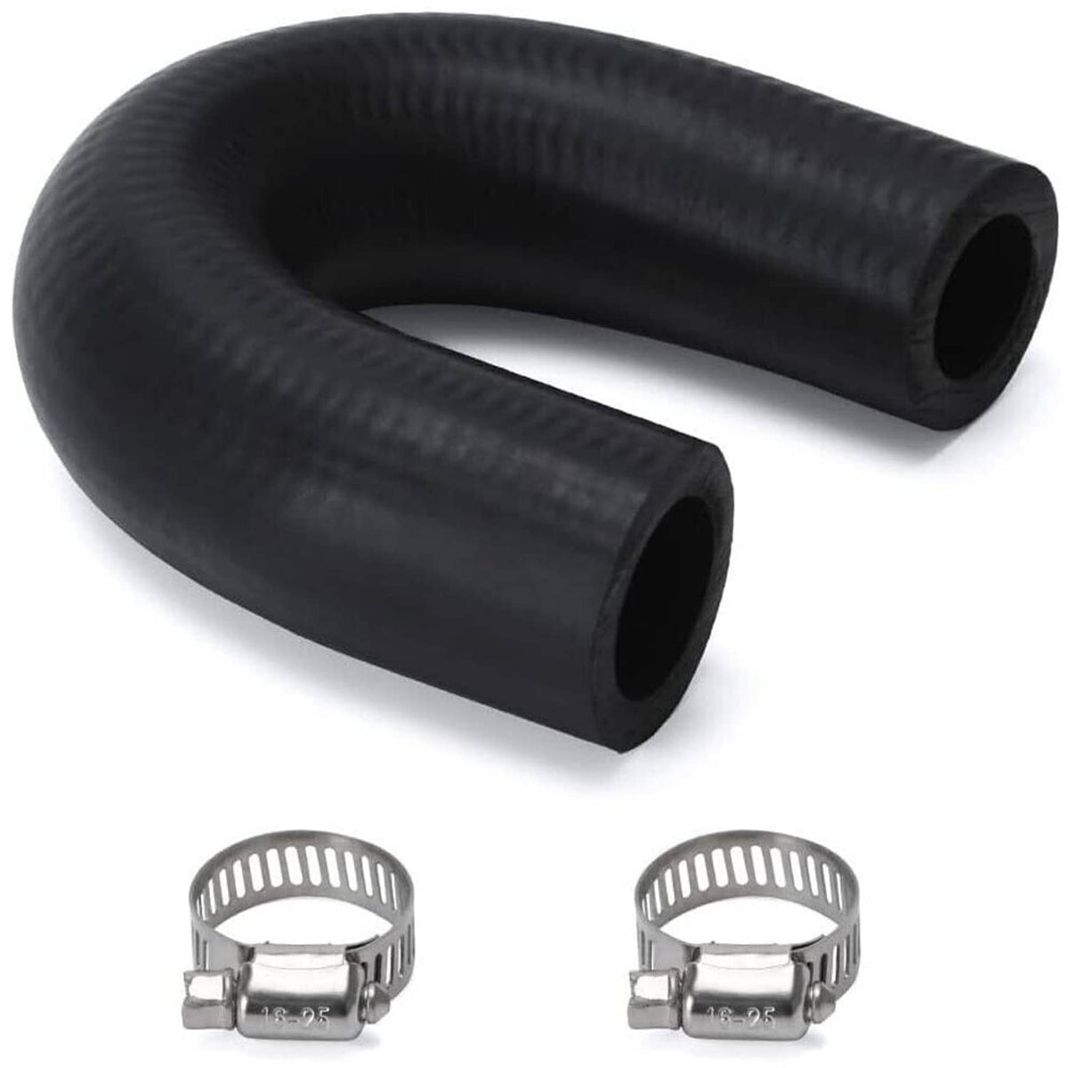 Black coolant crossover hoses with two hose sections and clamp pair