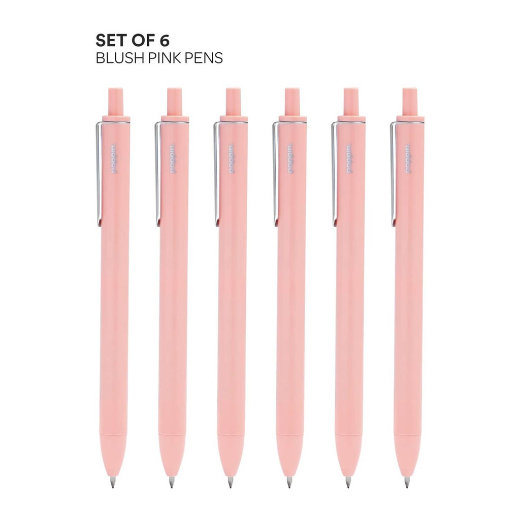 Set of 6 blush pink retractable gel pens with fine 0.7 mm tips