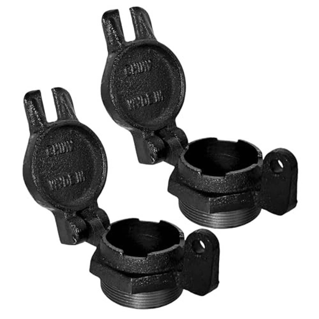 Pair of black vented diesel fuel fill caps with flip-top hinges and threaded ports