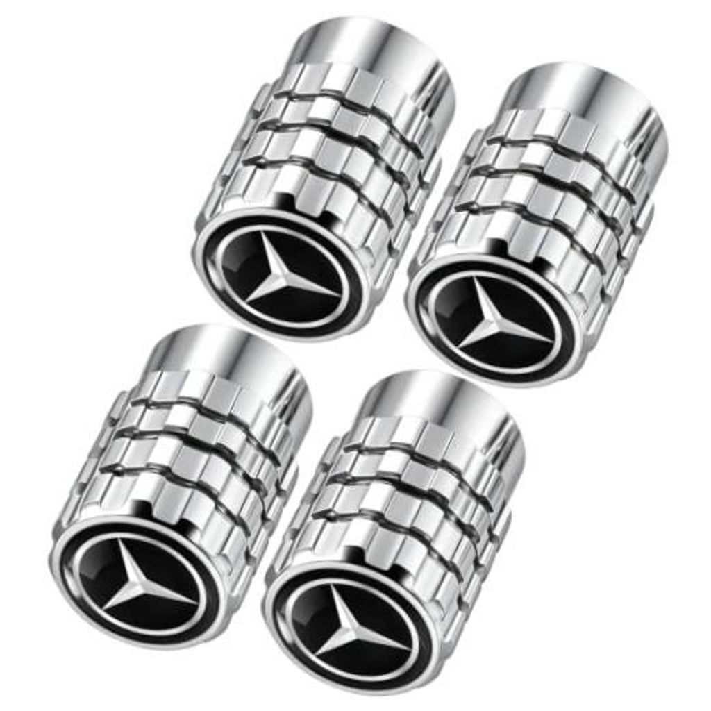 Set of four chrome tire valve stem caps with Mercedes-Benz star logo, ribbed metal