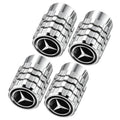 Set of four chrome tire valve stem caps with Mercedes-Benz star logo, ribbed metal