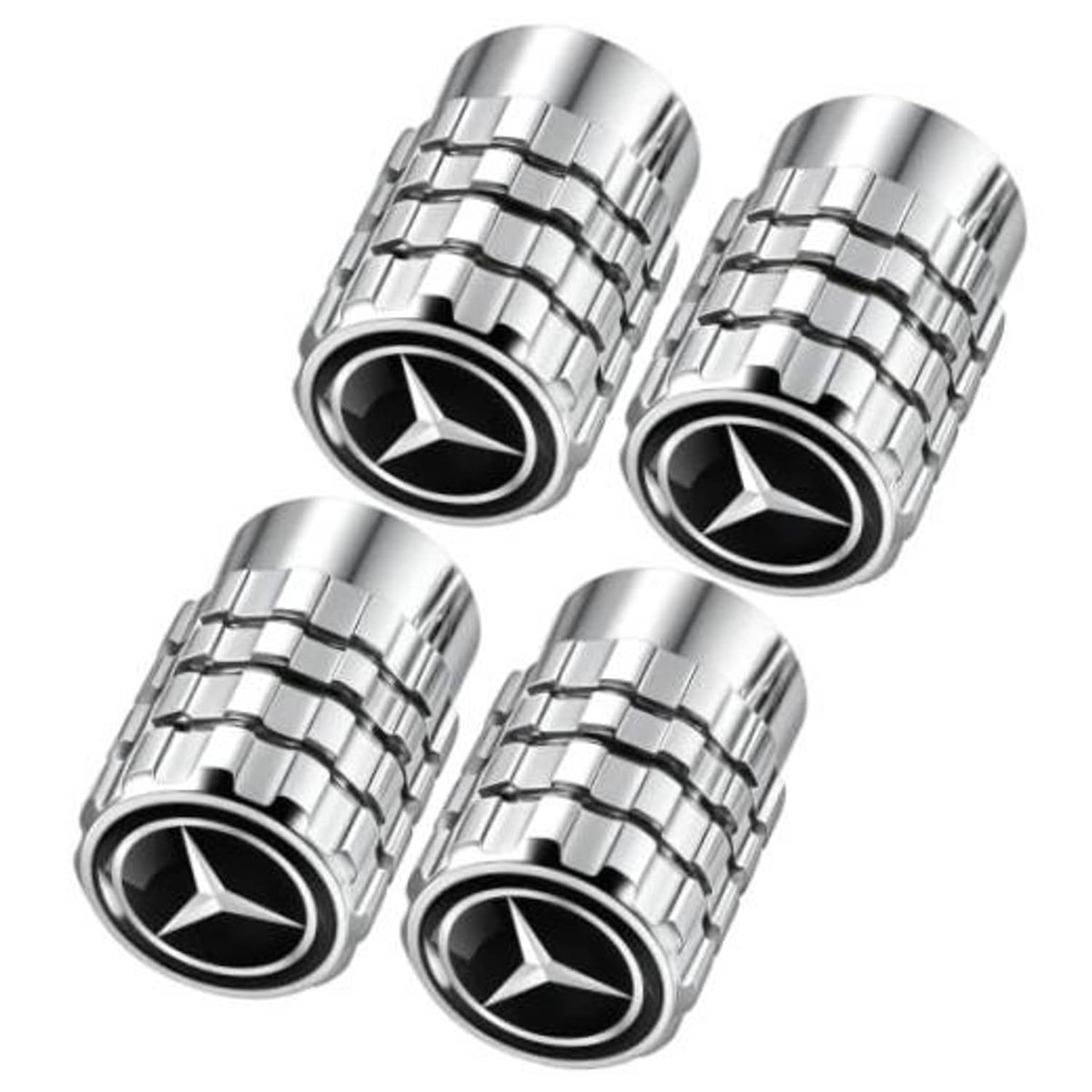 Set of four chrome tire valve stem caps with Mercedes-Benz star logo, ribbed metal