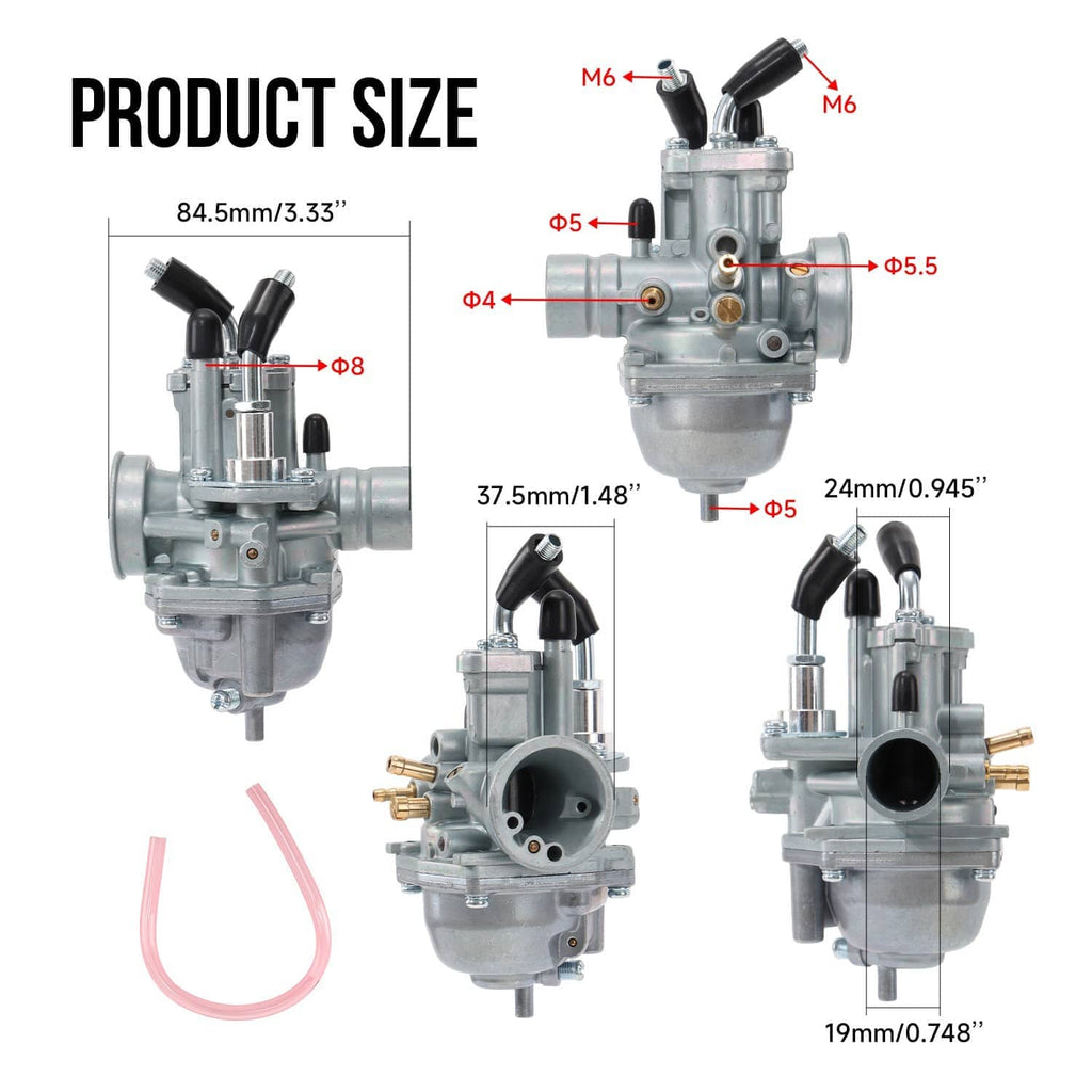 Carburetor with black air intake boots and red fuel line, shown with multiple views