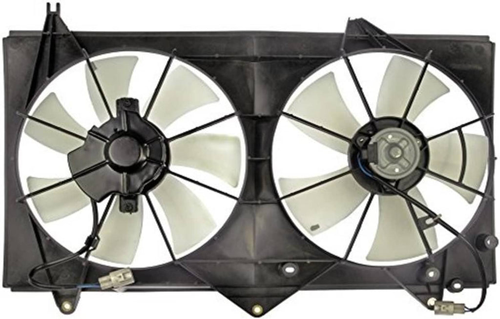 Engine cooling fan assembly with dual white-blade fans and attached wiring harness