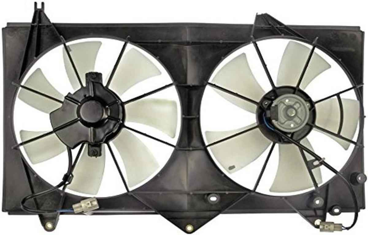 Engine cooling fan assembly with dual white-blade fans and attached wiring harness