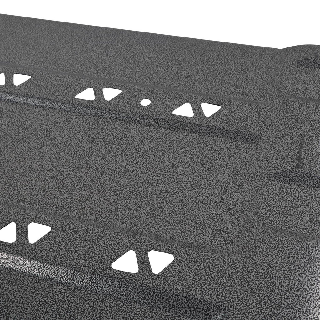 Black skid plate showing vent cutouts and textured powder-coat finish