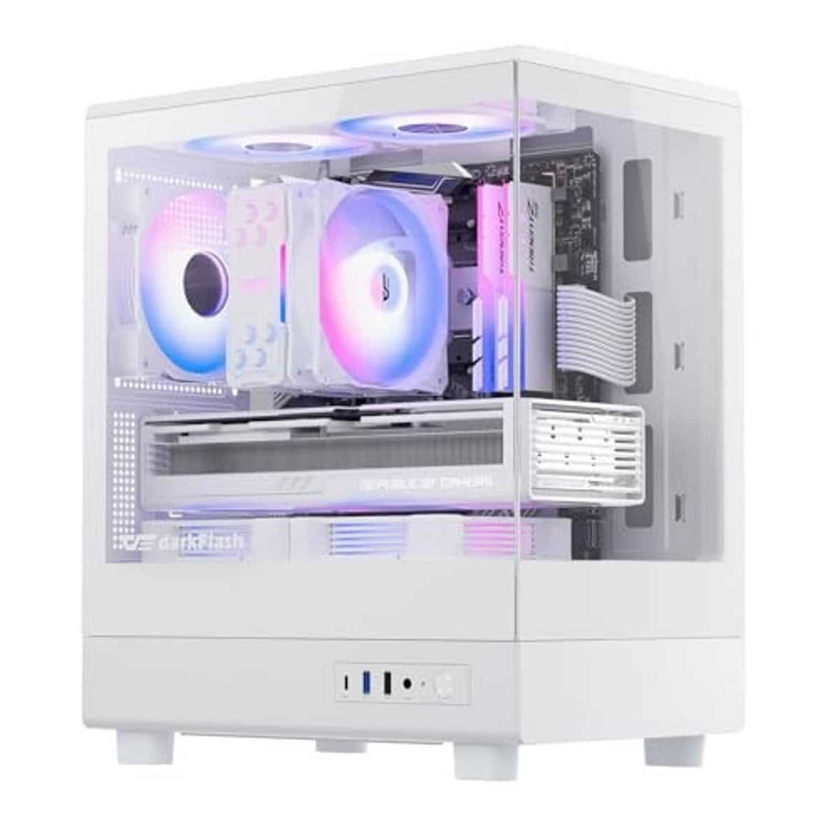 White micro-ATX PC case interior view with clear side panel and RGB cooling fans