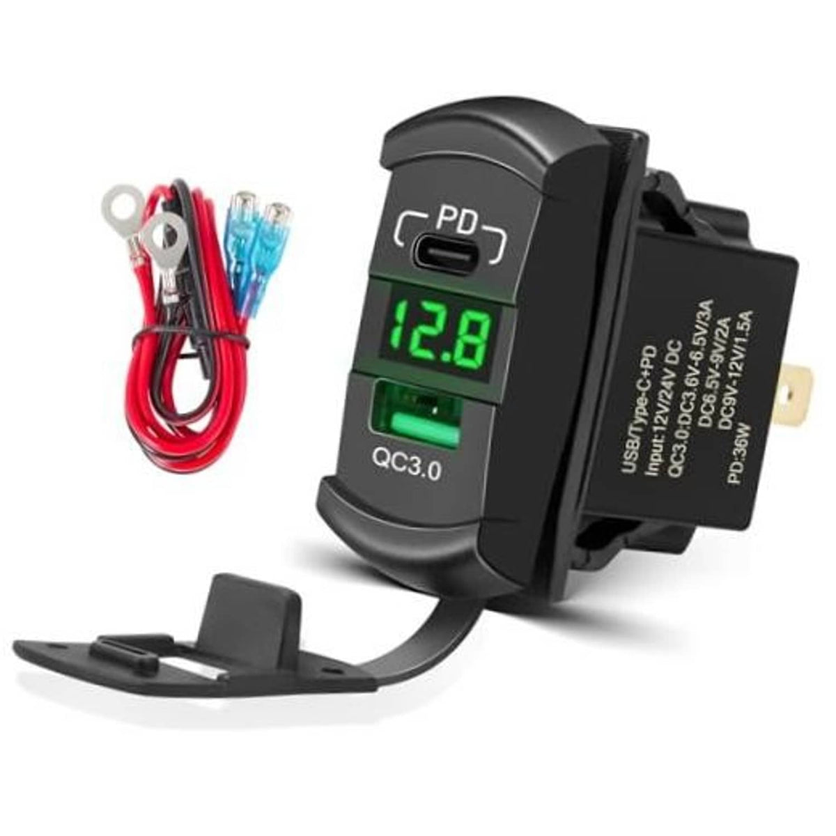 Black USB PD/QC3.0 rocker switch insert with LED voltage display and mount bracket
