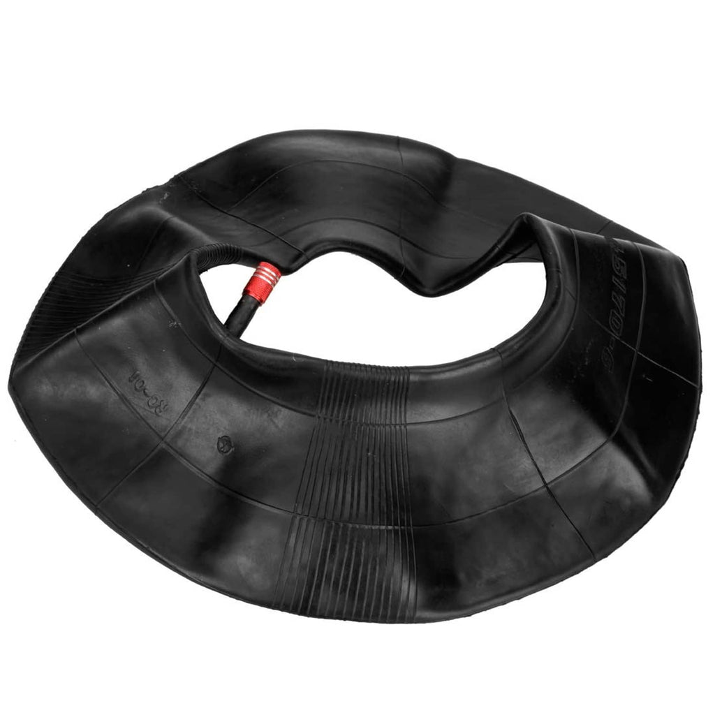 Black inner tube with red valve stem and ribbed tread texture