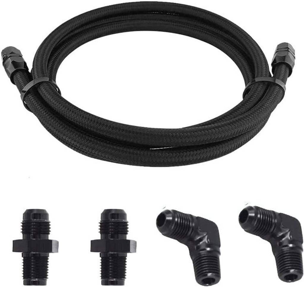 Coiled black braided hose with AN-style end fittings and threaded adapter pieces