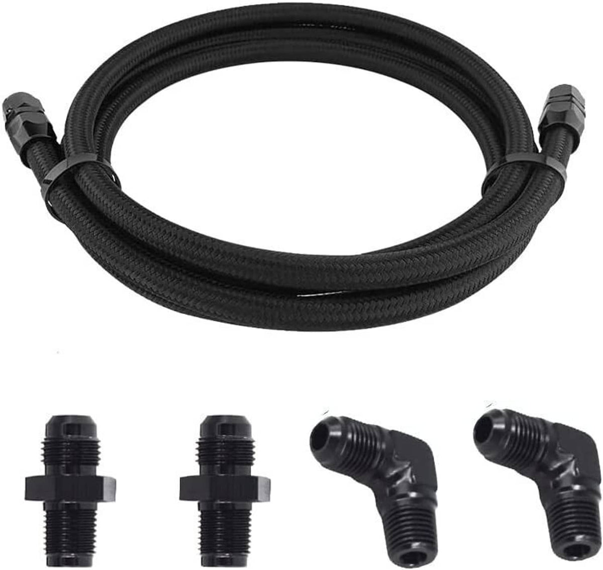 Coiled black braided hose with AN-style end fittings and threaded adapter pieces
