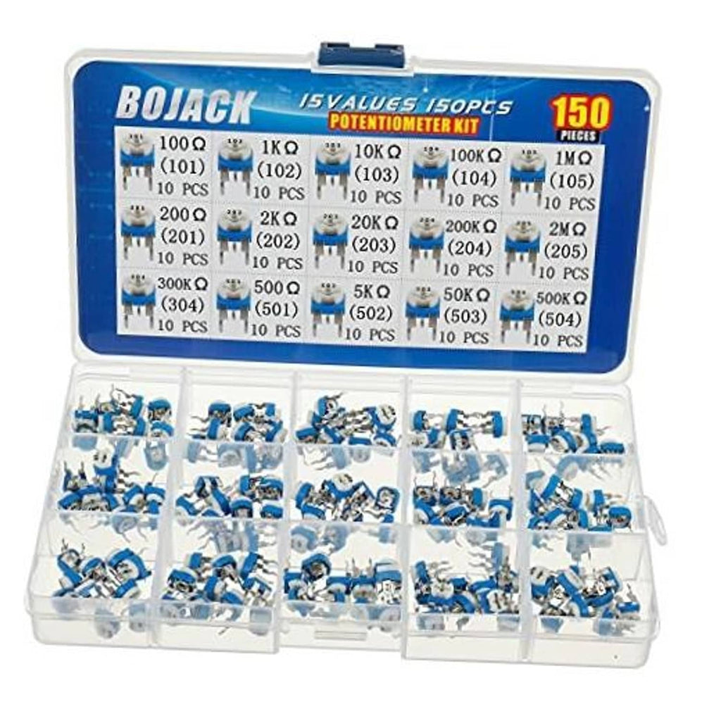 Potentiometer kit case with 150 blue resistors and labeled value slots