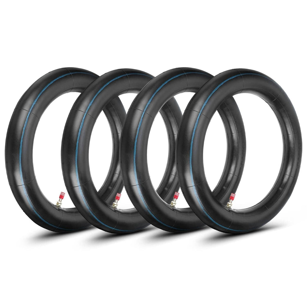 Set of four black dirt bike inner tubes with blue stripe and red valve stems