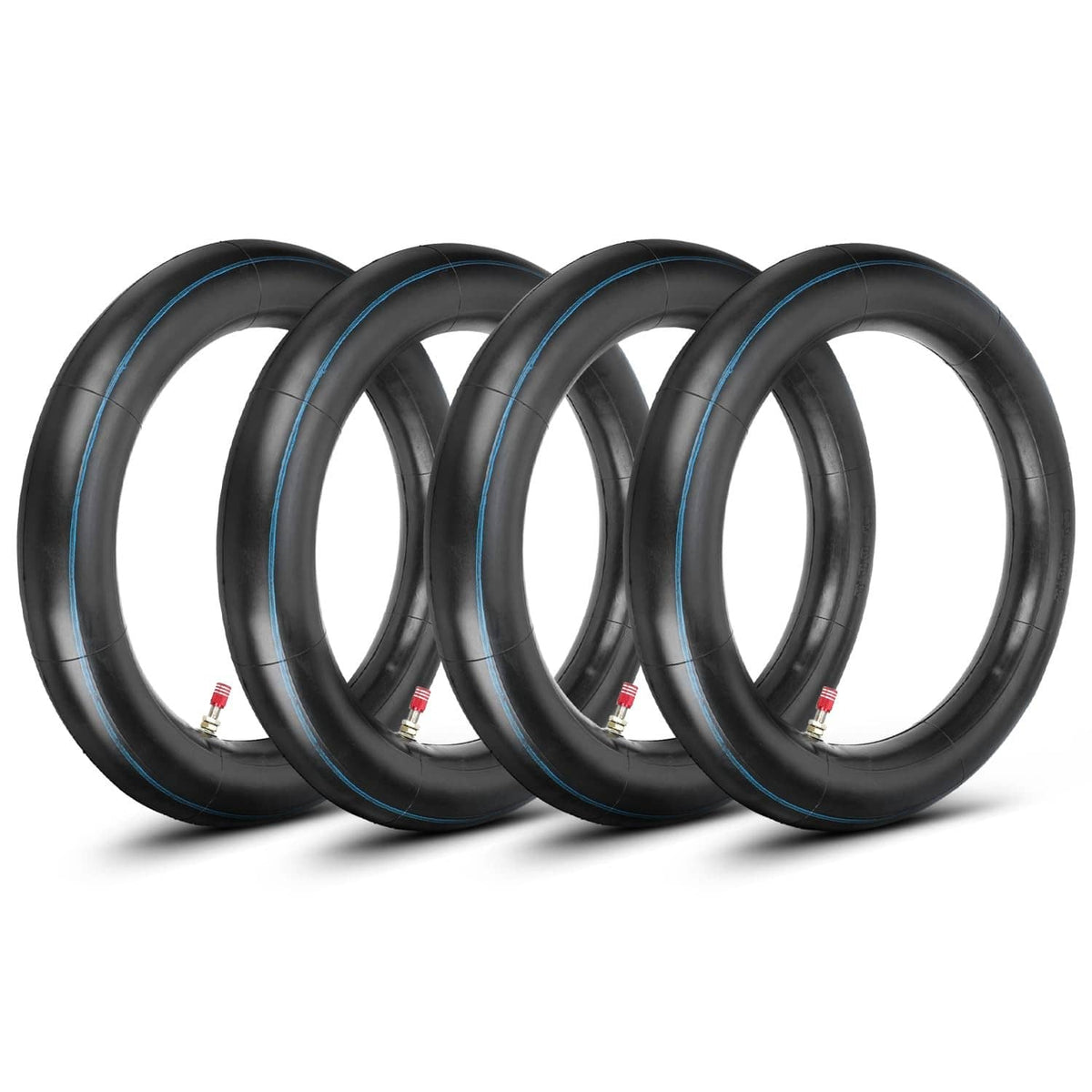 Set of four black dirt bike inner tubes with blue stripe and red valve stems