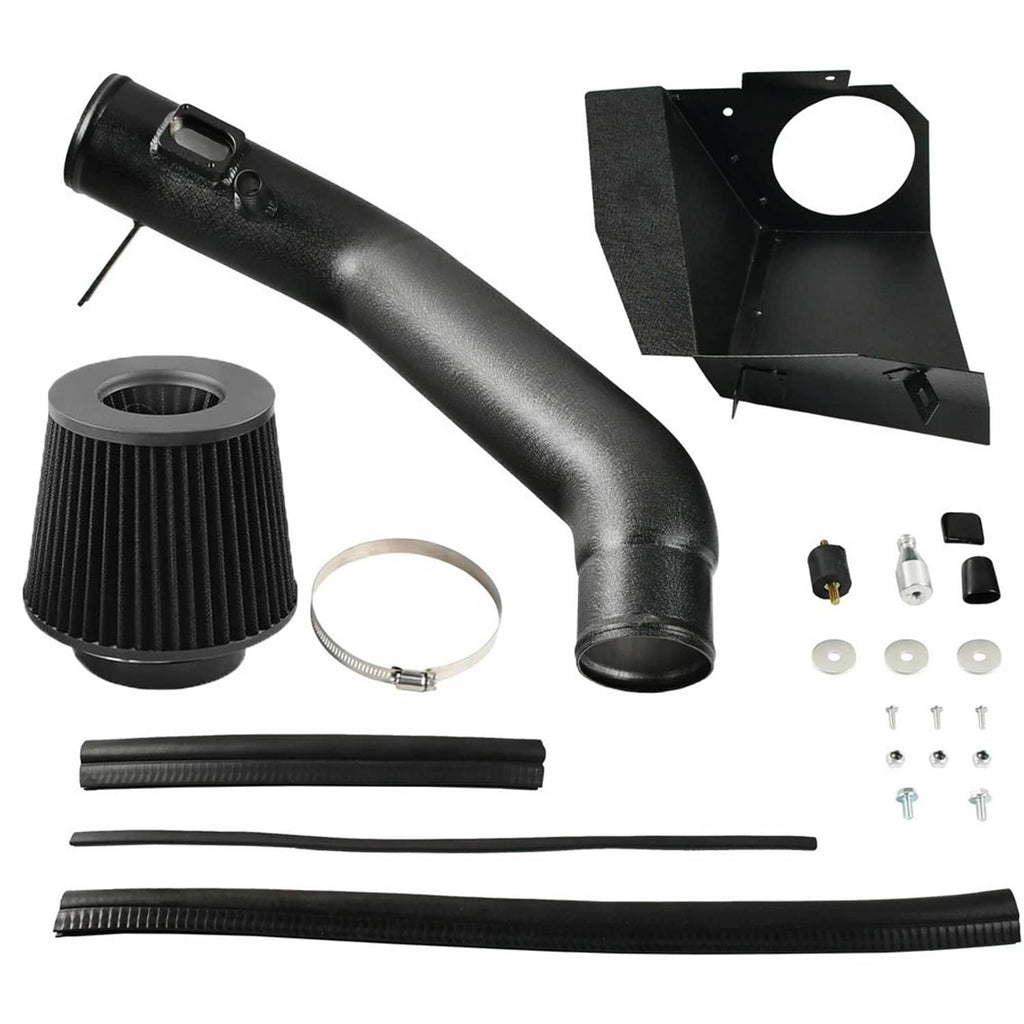 Black cold air intake kit with cone air filter, intake tube, bracket, clamps and hoses
