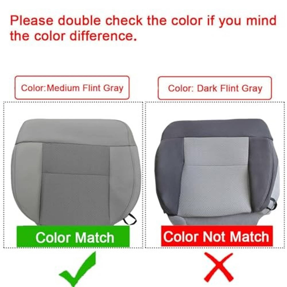 Seat bottom cover comparison showing light and dark flint gray fabric panels