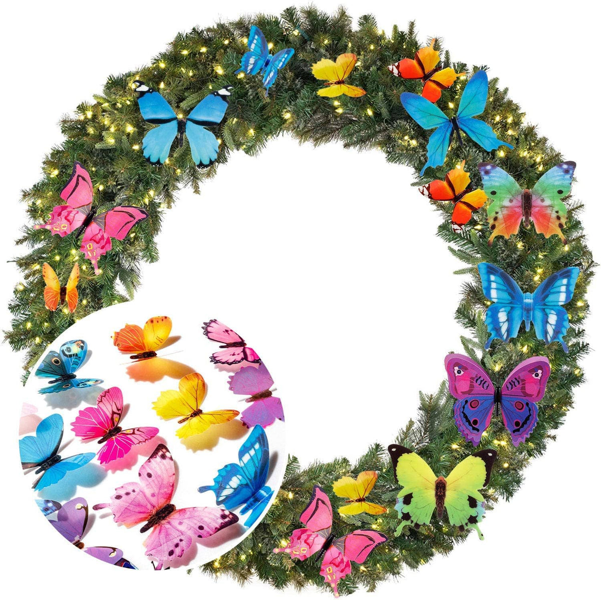 Butterfly wall wreath decor with colorful butterflies on a pine-style ring