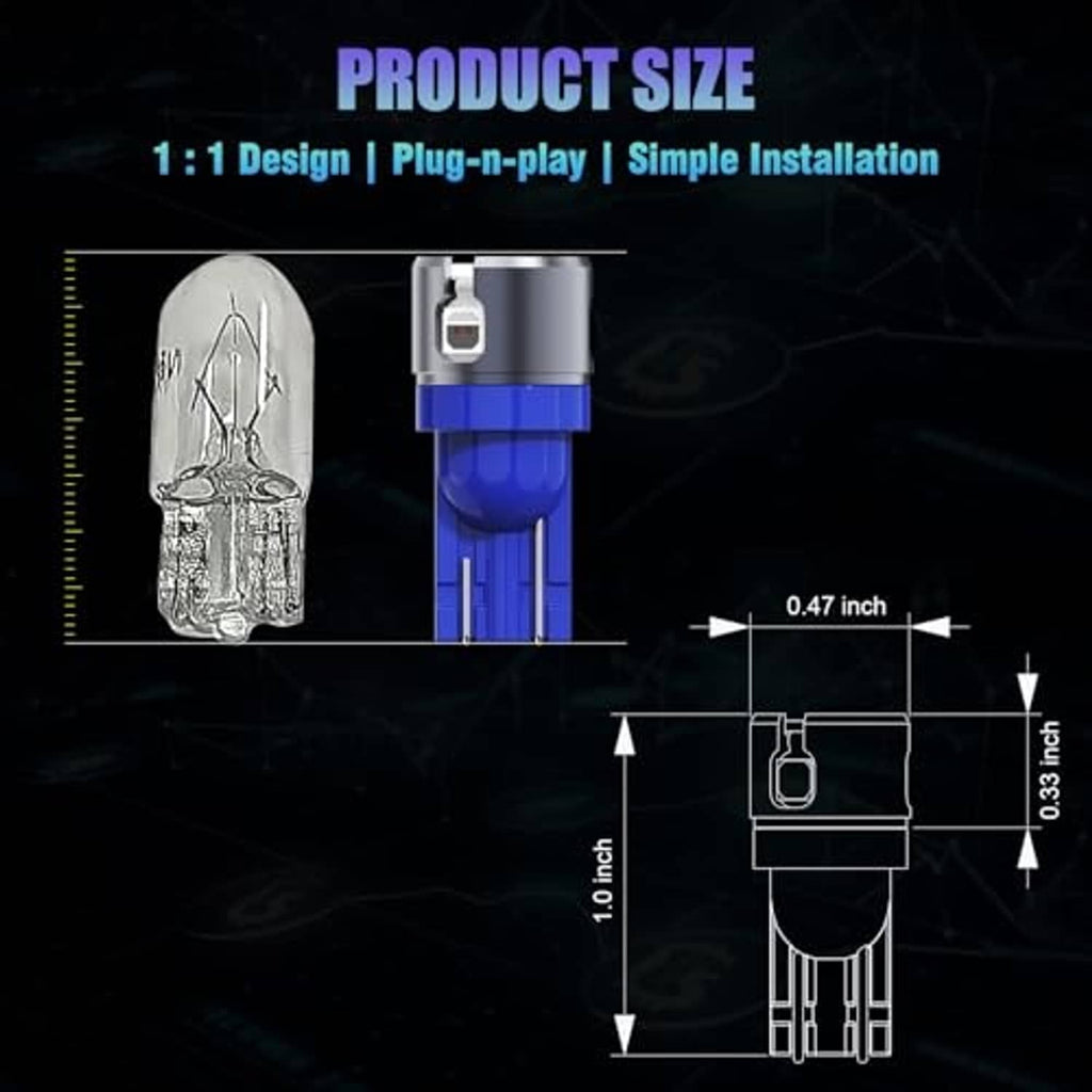 T10 W5W LED bulb with blue base, shown with size and plug-in diagram