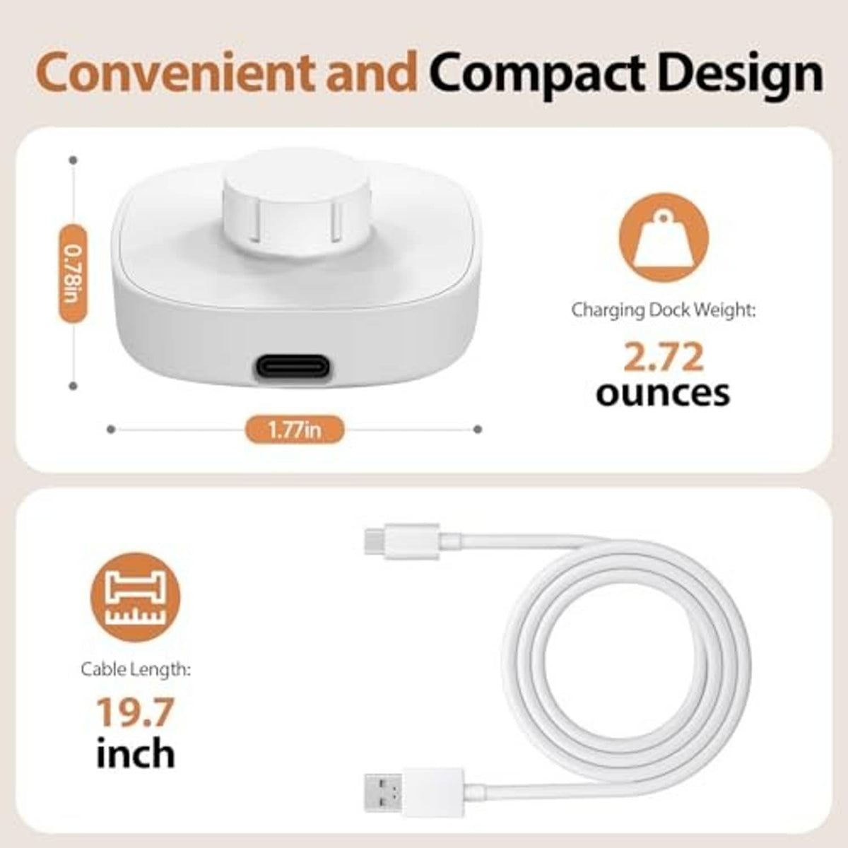 White compact charging dock with metal contact ring and side USB-C port