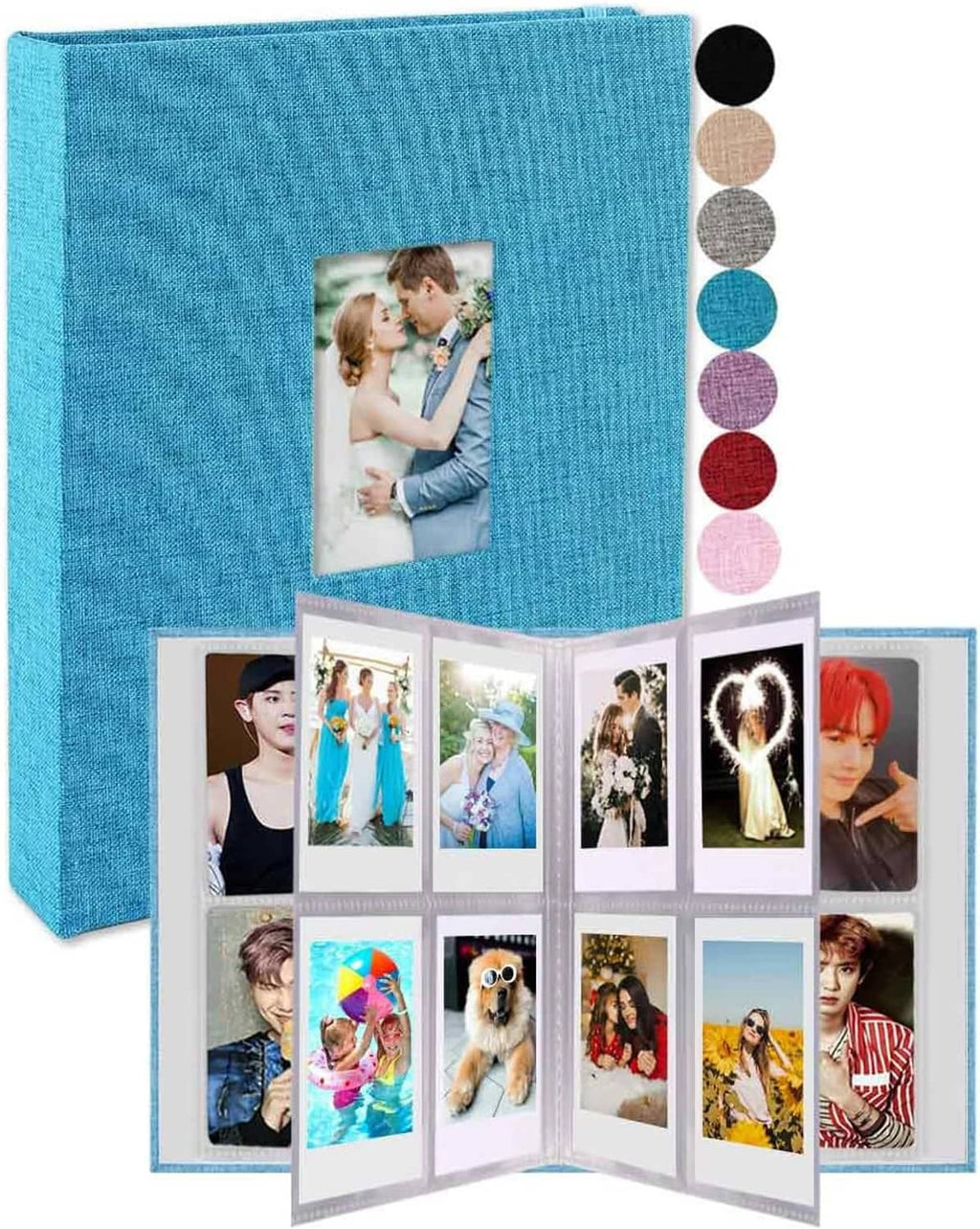 Blue mini photo album book, front photo pocket, open pages with 9 vertical prints