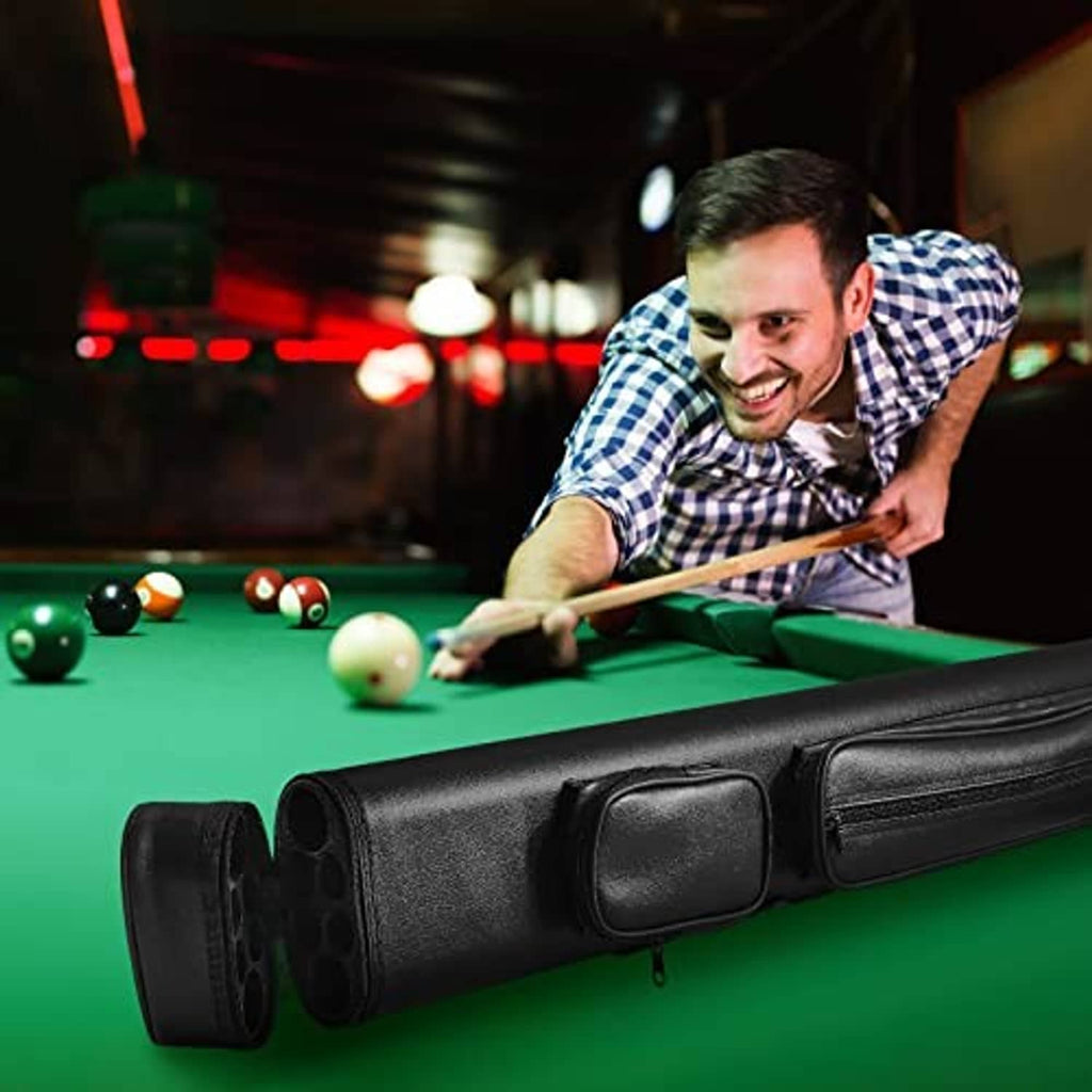 Black hard oval billiard cue case with padded pocket and end strap