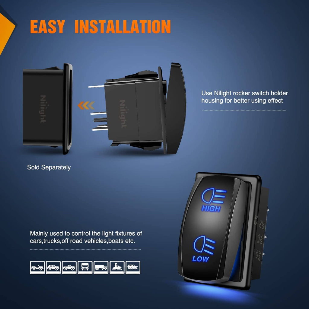 Rocker switch with blue HIGH/LOW icons shown with mounting housing for easy installation