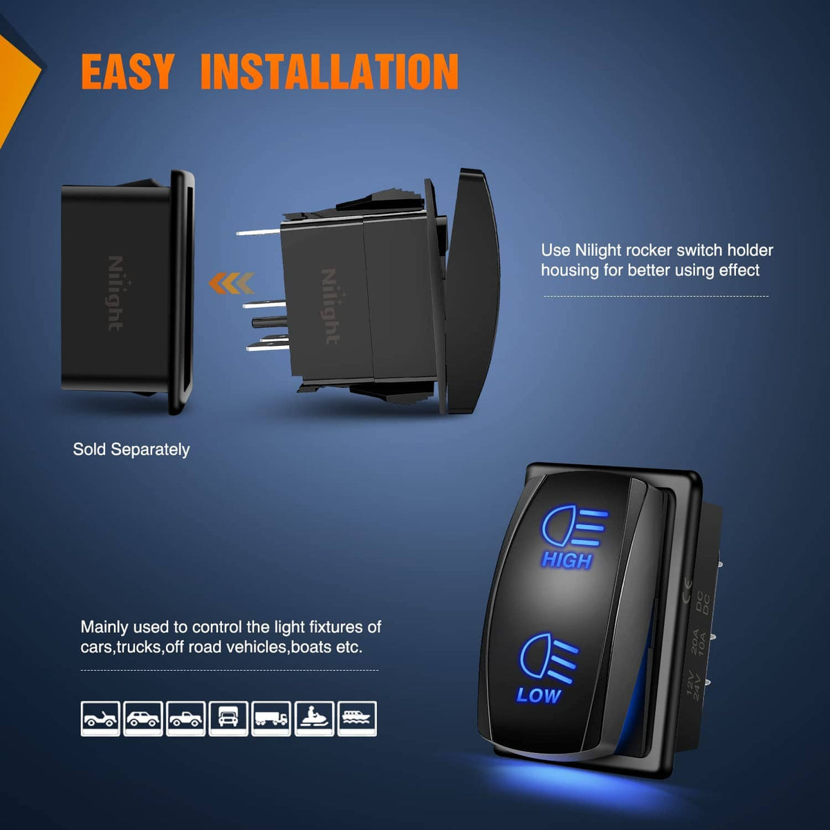 Rocker switch with blue HIGH/LOW icons shown with mounting housing for easy installation
