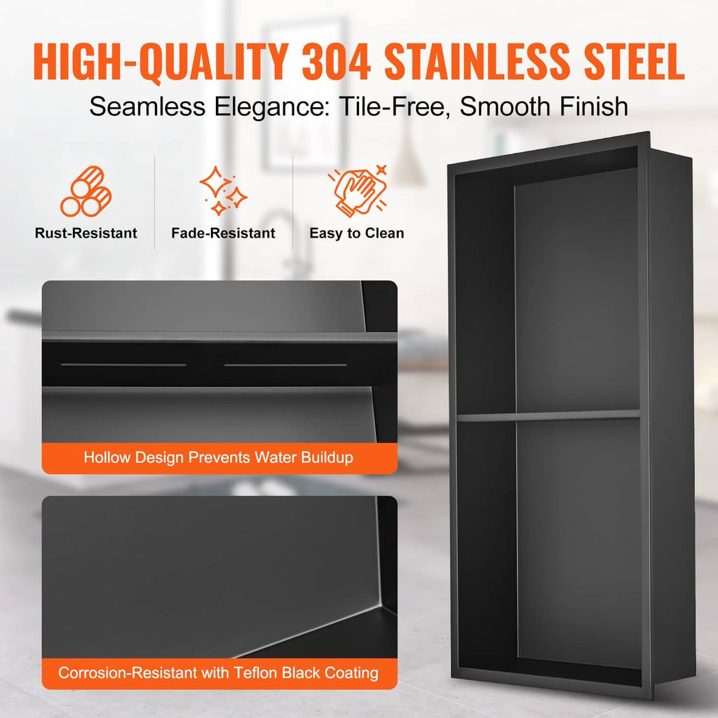 Black 304 stainless steel shower niche insert with double shelves, smooth seamless finish