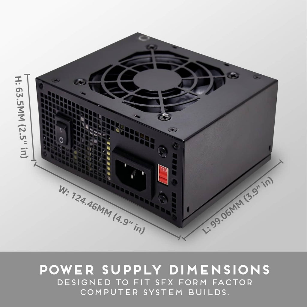 Compact black SFX power supply with top fan and rear power ports