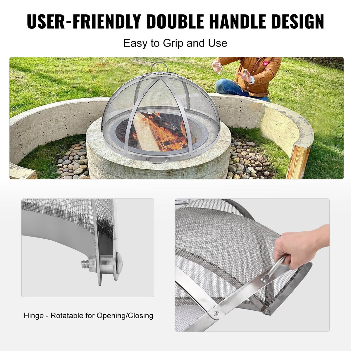 Stainless steel fire pit spark screen cover lid with double handles and mesh dome