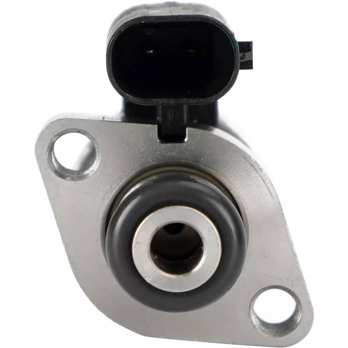 Fuel injector mounting flange with circular inlet opening, close-up detail